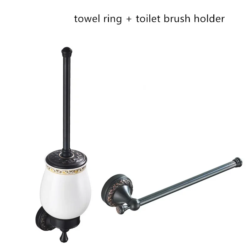 Oil Rubbed Bronze Toilet Paper Holder Set Solid Brass Bathroom Accessories Toilet Brush Holder Wall Towel Bar Black Towel Ring W