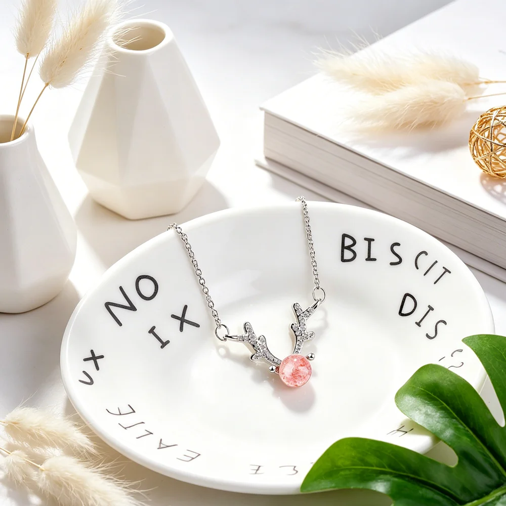 Fashion Antlers Necklace Simple 925 Sterling Silver For Women Girls Birthday Party Appointment Jewelry Romantic Gift Pink Colour