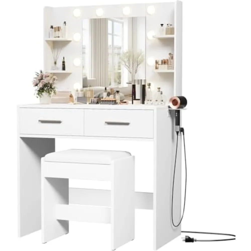 Make up Vanity Desk with Mirror and Power Outlet, Vanity with 3 Color Light Options Adjustable Brightness, Vanity Desk