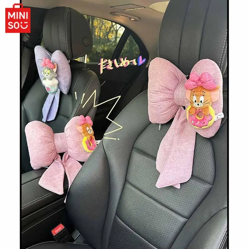 Miniso Kawaii decoración para reposacabezas de coche, Tom y Jerry, dibujos animados de Anime, lindo Lazo, almohada para el cuello, Gato y ratón, accesorios para coche, regalos para niñas