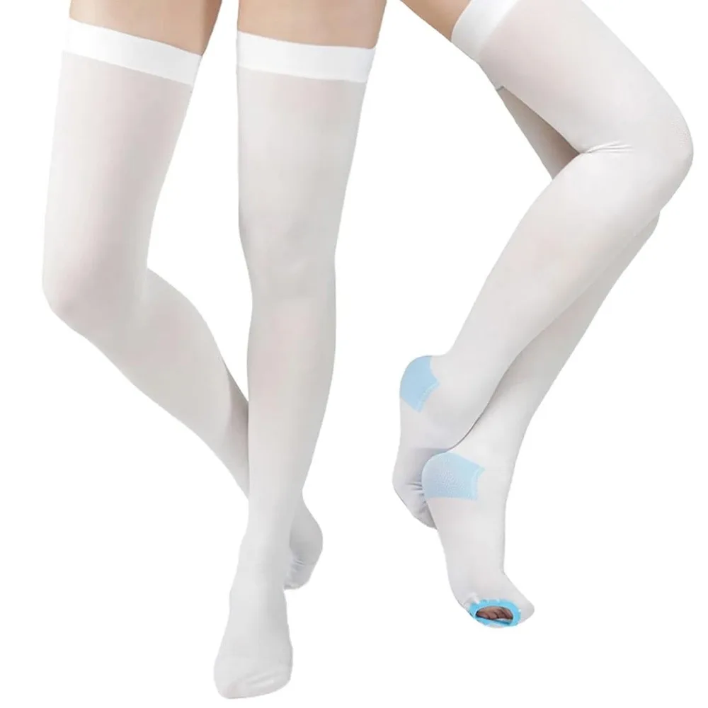 1 Pair Thigh High Anti Embolism Compression Stockings Breathable White TED Hose Socks with Inspect Toe Hole Comfortable