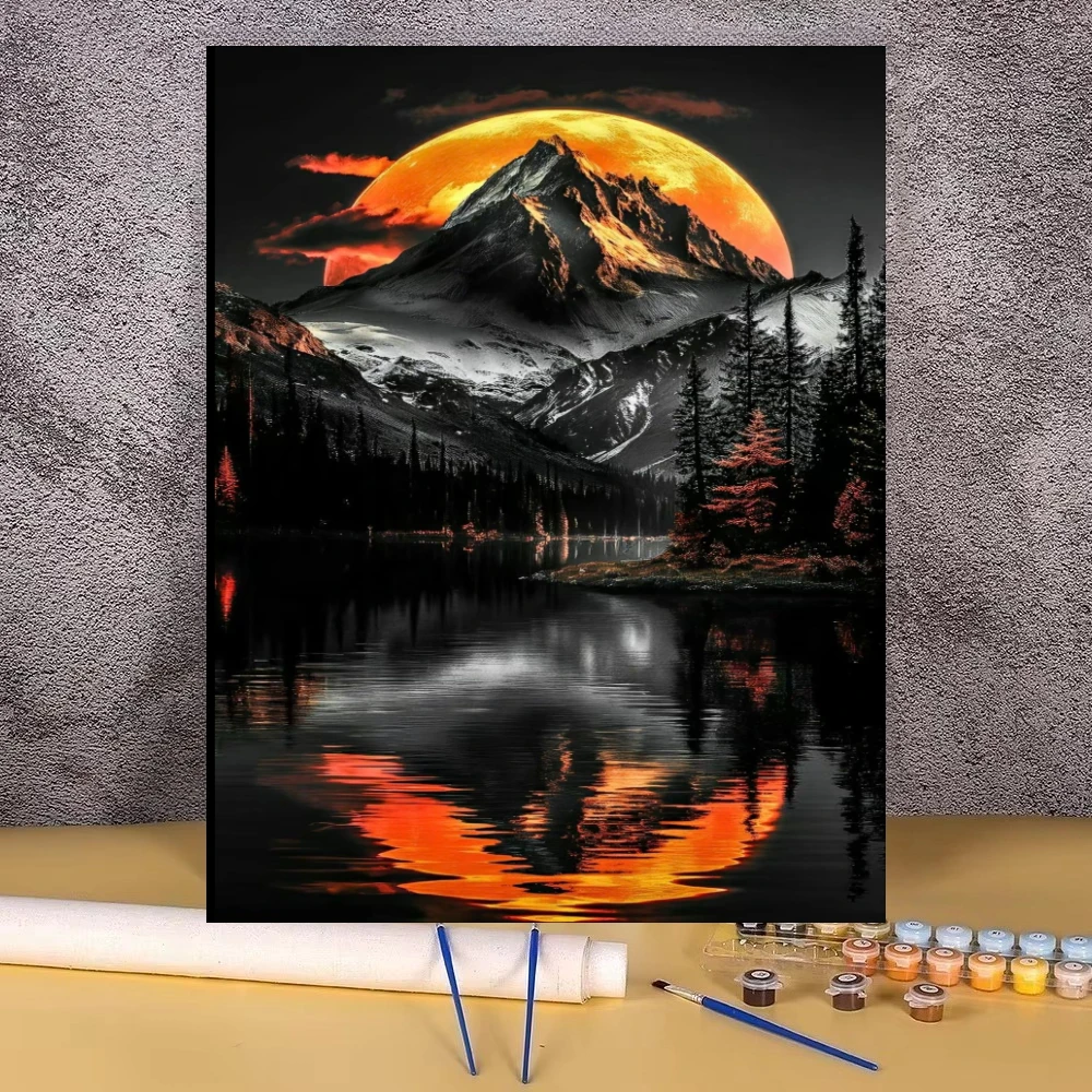 Oil Painting Dark Mountain Lake Huge Moon Scenery By Numbers Wall Decor for Living Room Bedroom Home Decor Gift No Frame