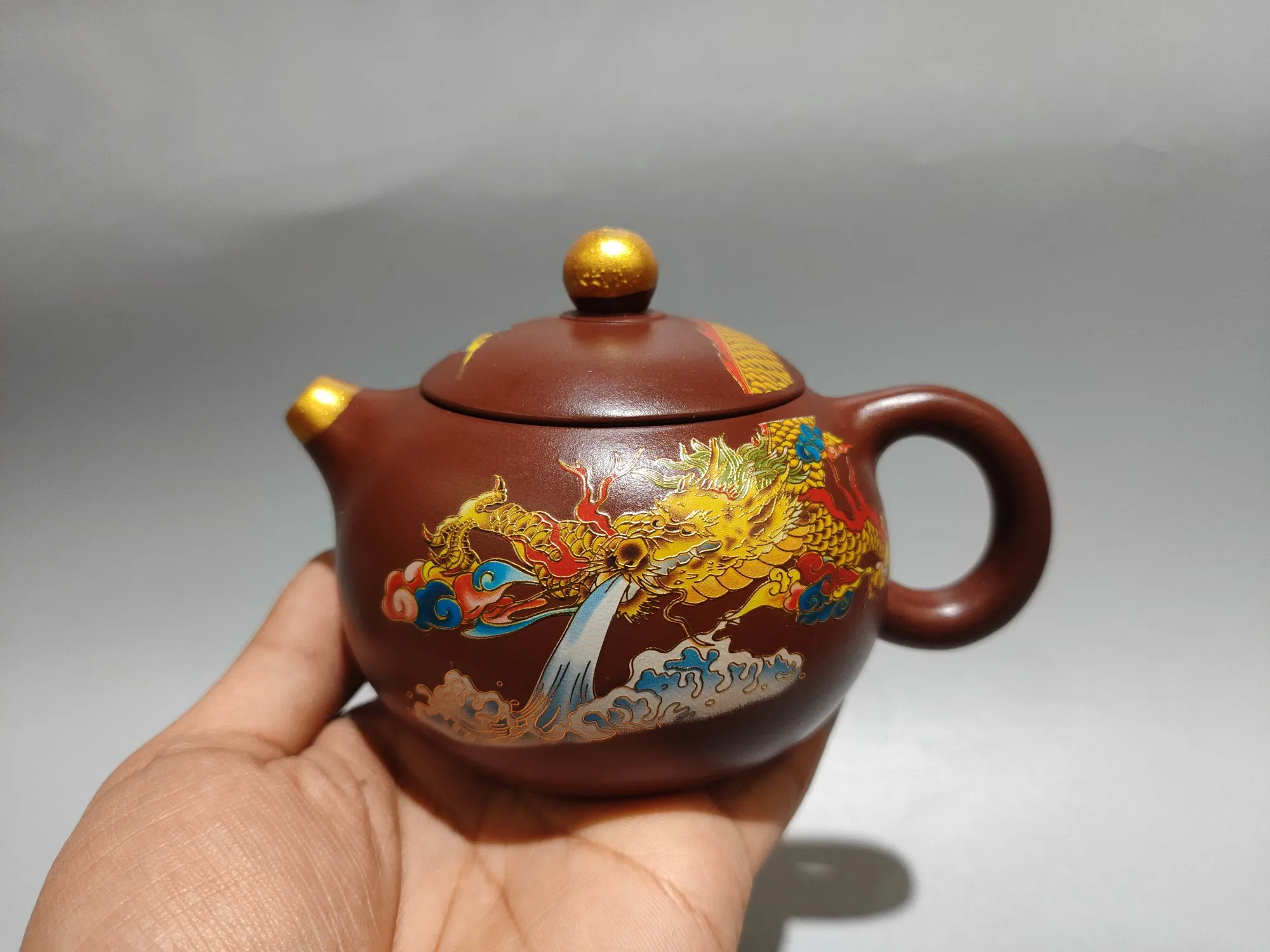 Purple Clay Pot Old Purple Mud Outline in gold Colorful dragon flower pattern Xishi Kettle Teapot Pot Tea Tasting Tea Ceremony