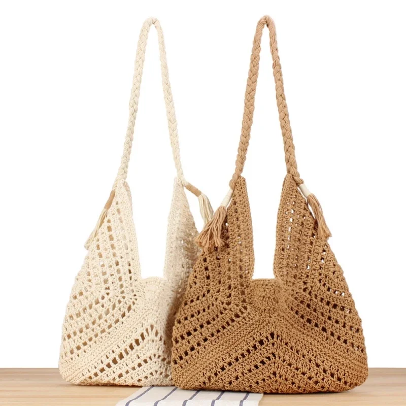 2 Piece/set Hollow Out  Tassel Hand-woven Cotton Rope Braid Shoulder Bag for Women 2024 Summer Bohemian Beach Travel Tote Bag