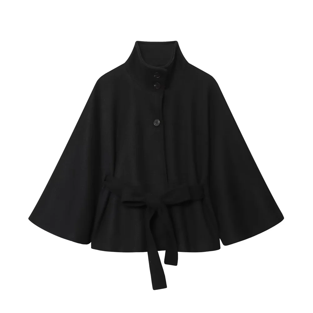 

Autumn and winter new women's fashion versatile loose cape style high neck long sleeved jacket with belt temperament short top