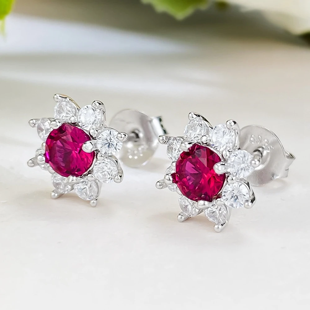 Vinregem 5MM Round Cut Ruby High Carbon Diamond Gemstone Vintage Flower Ear Studs Earrings 925 Sterling Silver Jewelry Wholesale