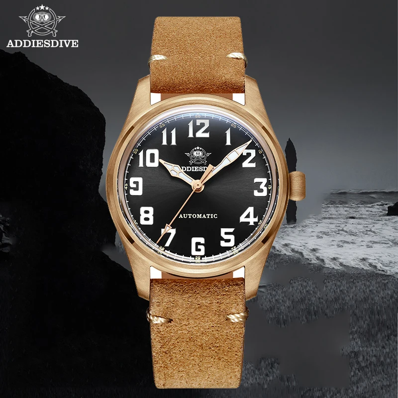 ADDIESDIVE Bronze Mechanical Wristwatches 200M Waterproof Automatic Watches Bubble Mirror Analog Watch Leather Luminous Retro