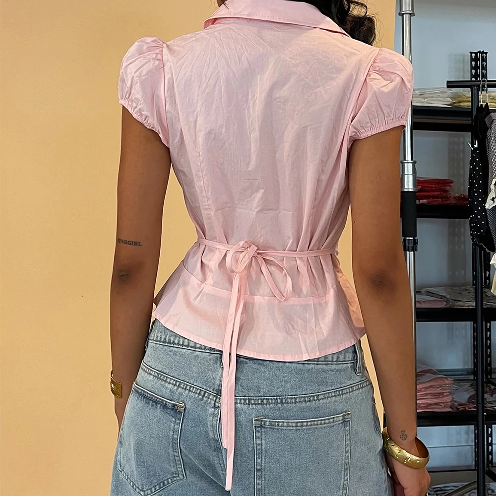 Frauen Kawaii Y2k Kurzarm Button-Down Plissee Bluse Shirts Preppy Coquette Vintage Slim Fit Ausgehen Shirts Crop Tops