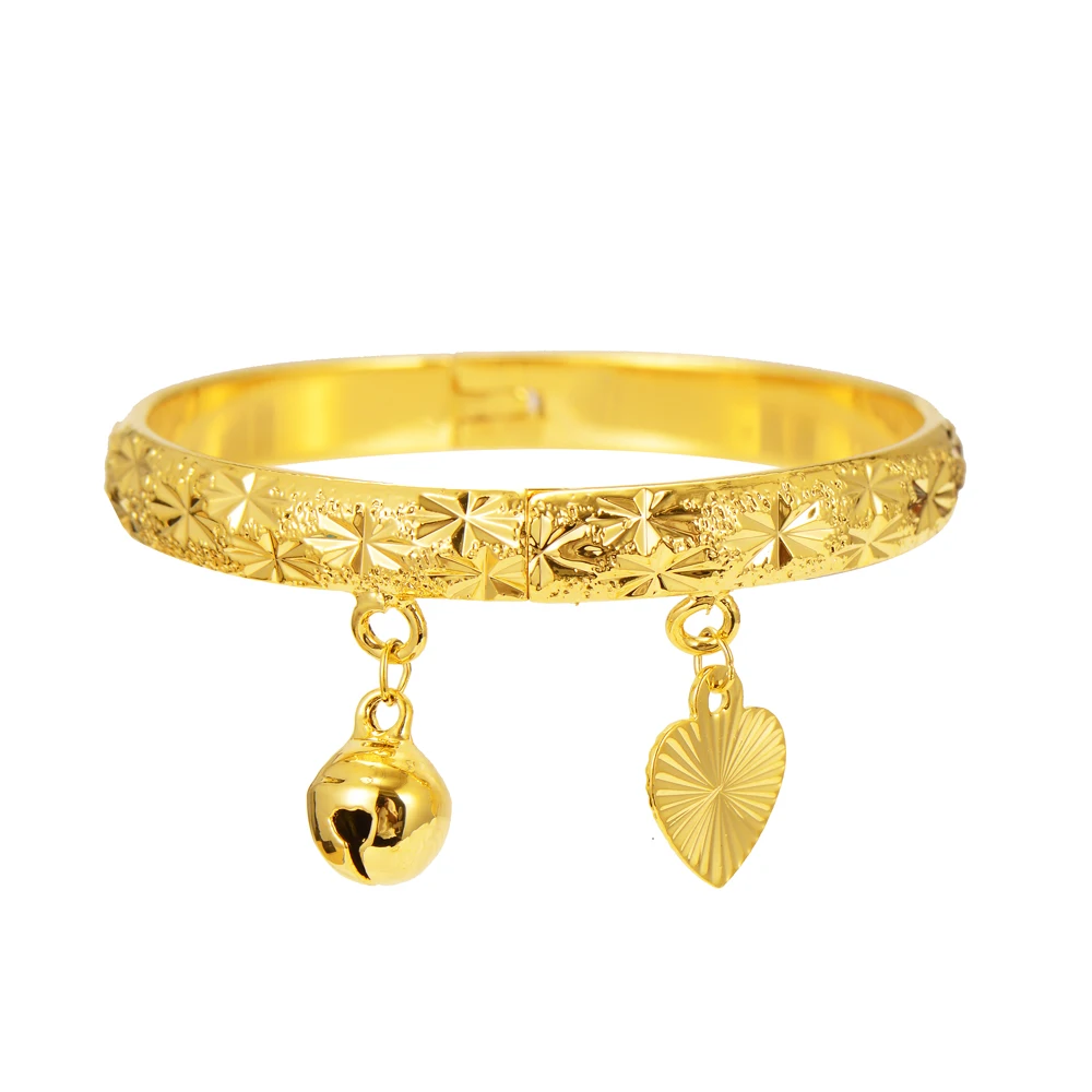 2Pcs 45mm Gold Color Bell Heart Baby Openable Bangle High Quality Kids Bangles Simple Trendy Jewelry Mideast Arab Africa Gift