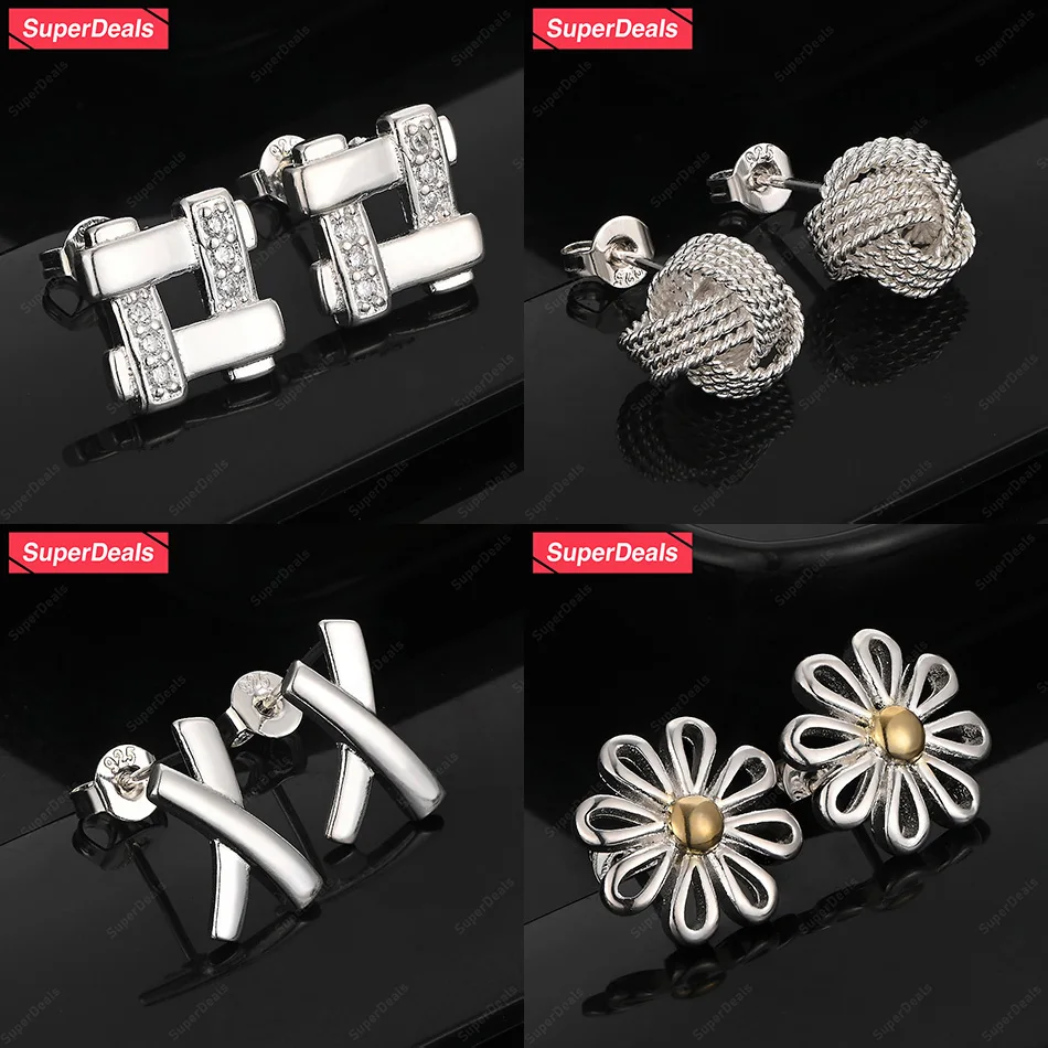 

SuperDeals 925 Sterling Silver Flower Letter X Square Two Hoop Braided Stud Earring Women Christmas Party Fashion Charm Jewelry