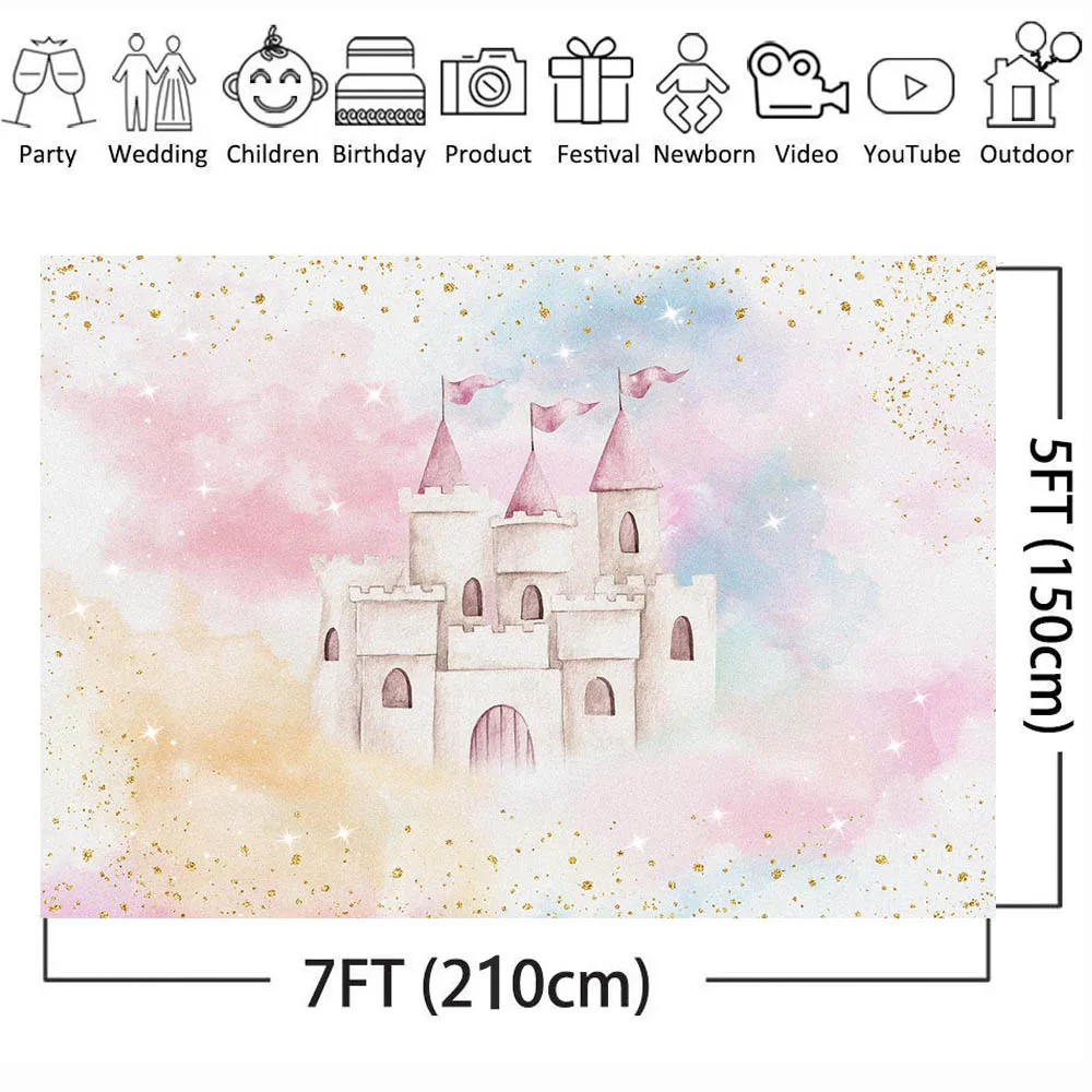 Mocsicka Pink Sky Castle Colorful Clouds Photography Backdrop Baby 1st Birthday Girl Cake Smash Party Background Photocall Props