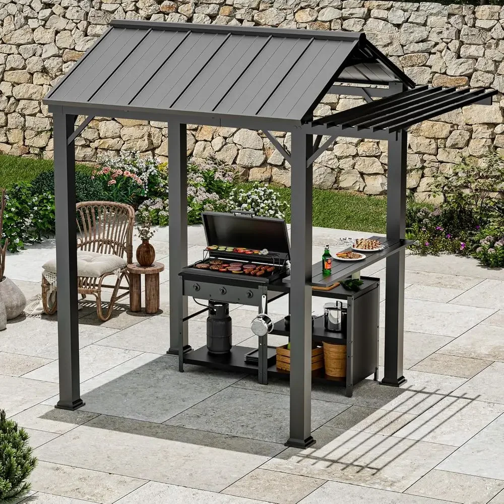 Grill Gazebo 6' x 8' with Galvanized Steel Roo and Pergola Extension, BBQ Gazebo with UV Blocking & Waterproo Design, Grill with