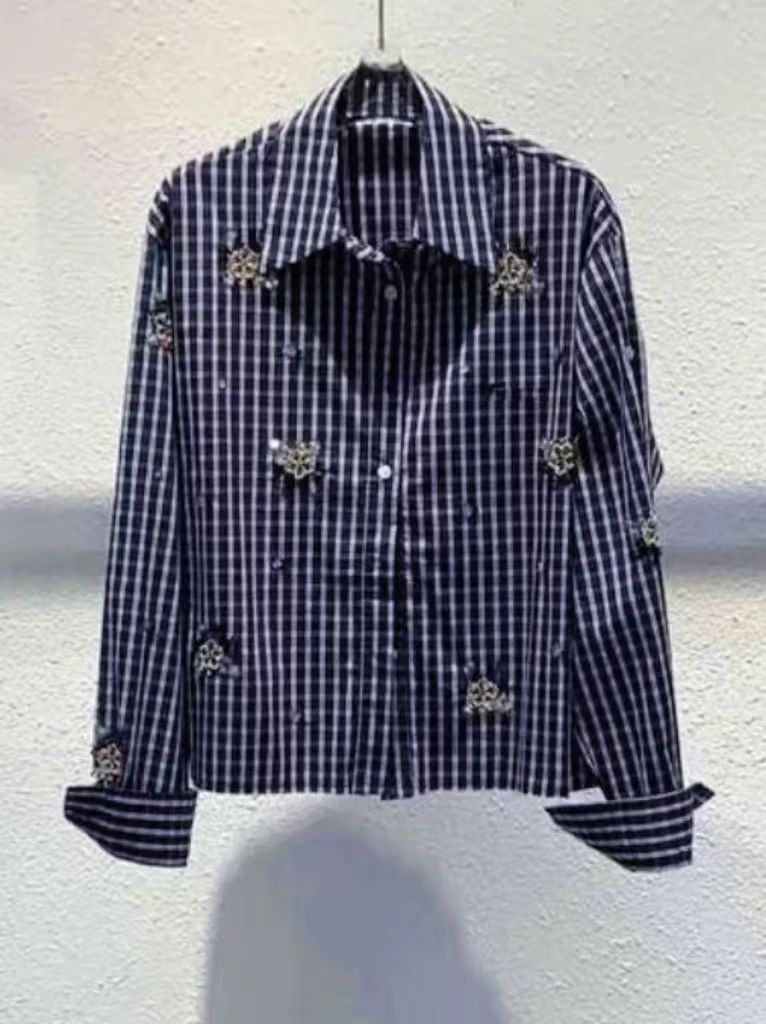 Camisas cortas con bordado exquisito para mujer, blusas de manga larga, Top holgado y dulce, diseño de marca de gama alta, ropa femenina