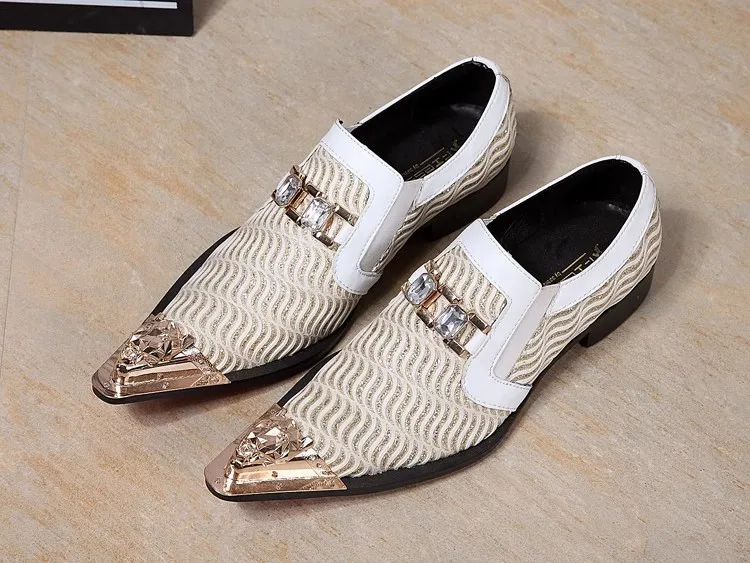 Bling Sequins Crystal Decor Wedding Shoes for Men Fashion Metal Pointed Toe Shallow Slop-On Loafers Male Party Leather Shoes