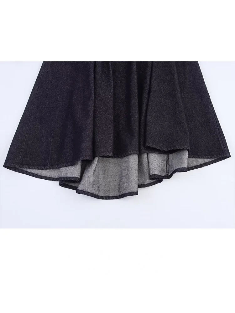 HH Women Suits Single-breasted Bow Decoration Solid Shirt+Elastic Waist Pleated Zipper Midi Skirt Denim Fashion Skirt Sets