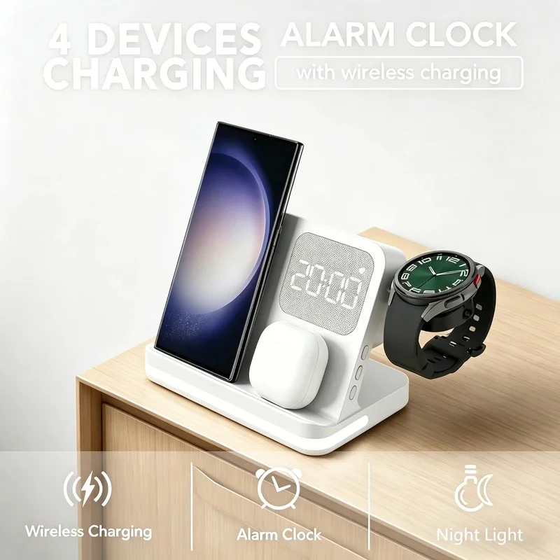 4 in 1 Wireless Charger Alarm Clock Stand For Samsung S26 S25 S24 Galaxy Watch 8 7 Active 2 Buds4 Pro 3/2 Fast Charging Station