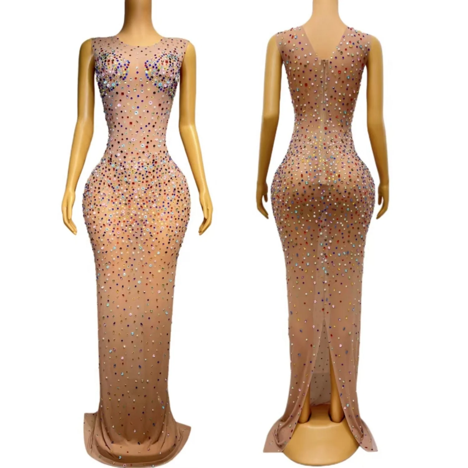 

Sparkly Multicolour Rhinestone See Through Mesh Long Dress Women Party Prom High-end Elegant Evening Dress Luxury Couture Sajin