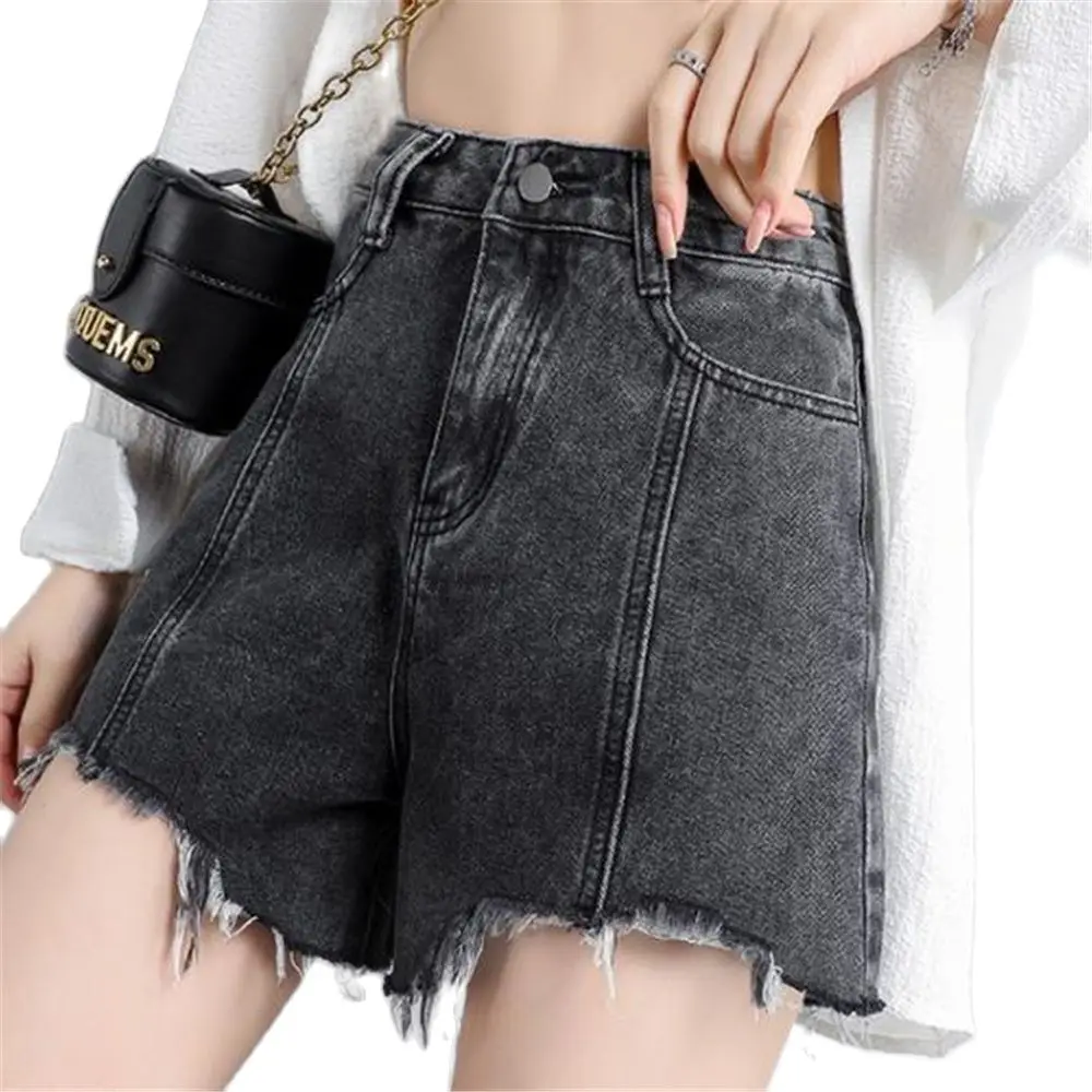 

Summer Denim Shorts Women's Vintage Hole Stripes Denim Thong Shorts Female Sexy Pocket Jeans Shorts Female Summer 2024 New