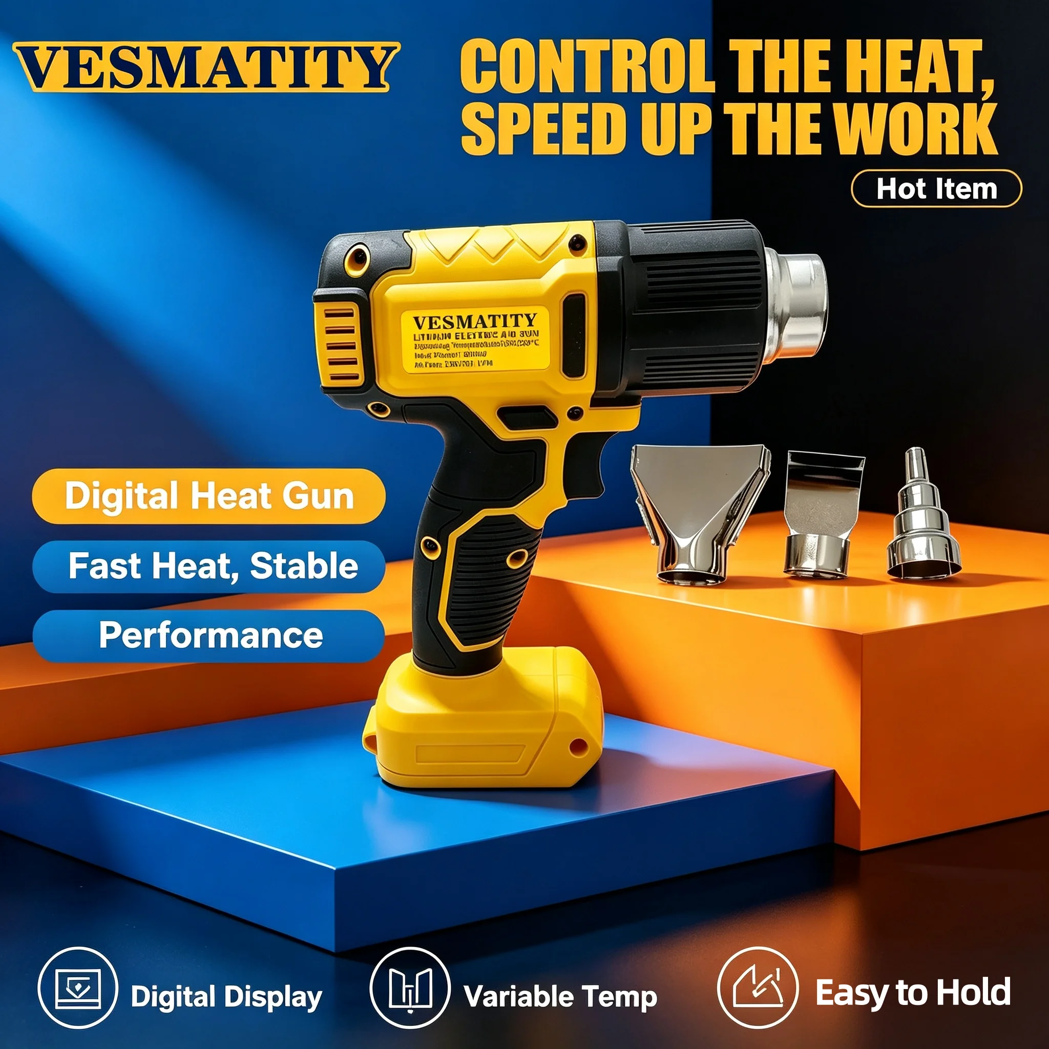 Vesamtity Fast Heating Hot Air Gun Variable Temperature Control DIY Craft for 20V Battery Cordless Heat Gun 300W 60-540℃