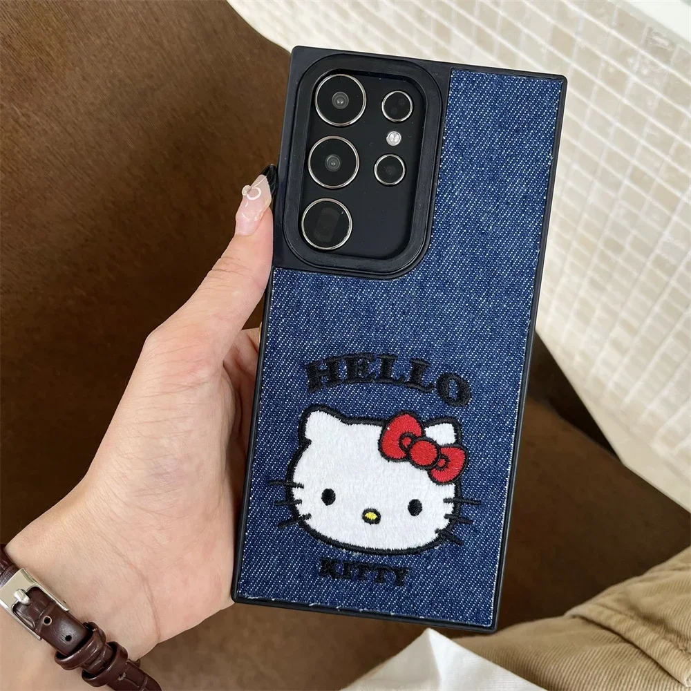 Cute Cartoon Sanrio Hello Kitty Denim Fabric Embroidery Phone Case For Samsung Galaxy S 24 23 Ultra Puls Leather Hard Cover