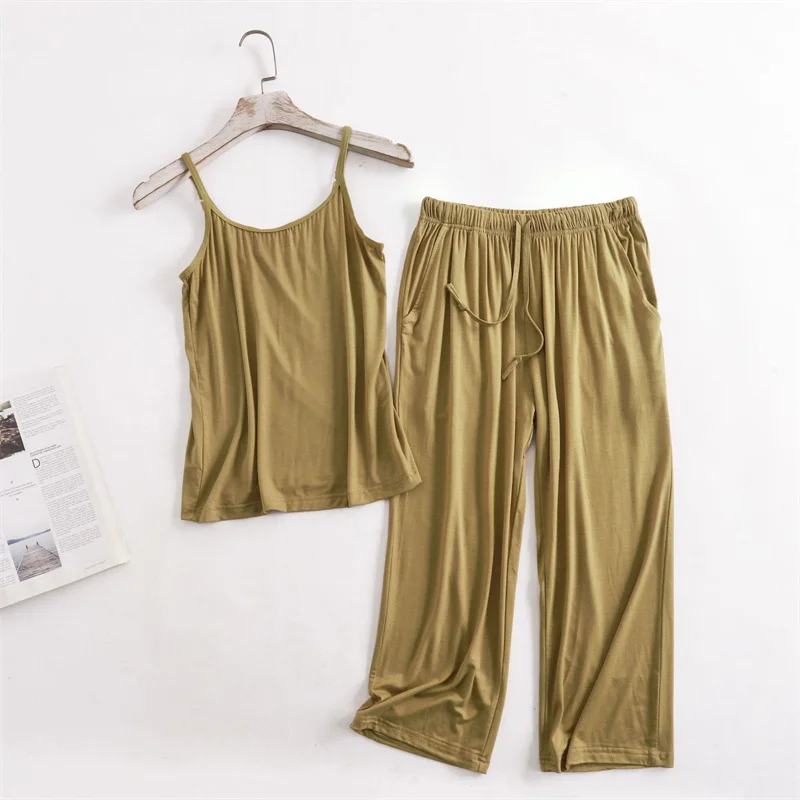 M-3XL Sexy Pajama Set For Women New Modal Sling Top Capri Pants Suit Summer Sleepwear Large Size Nightwear Home Clothing