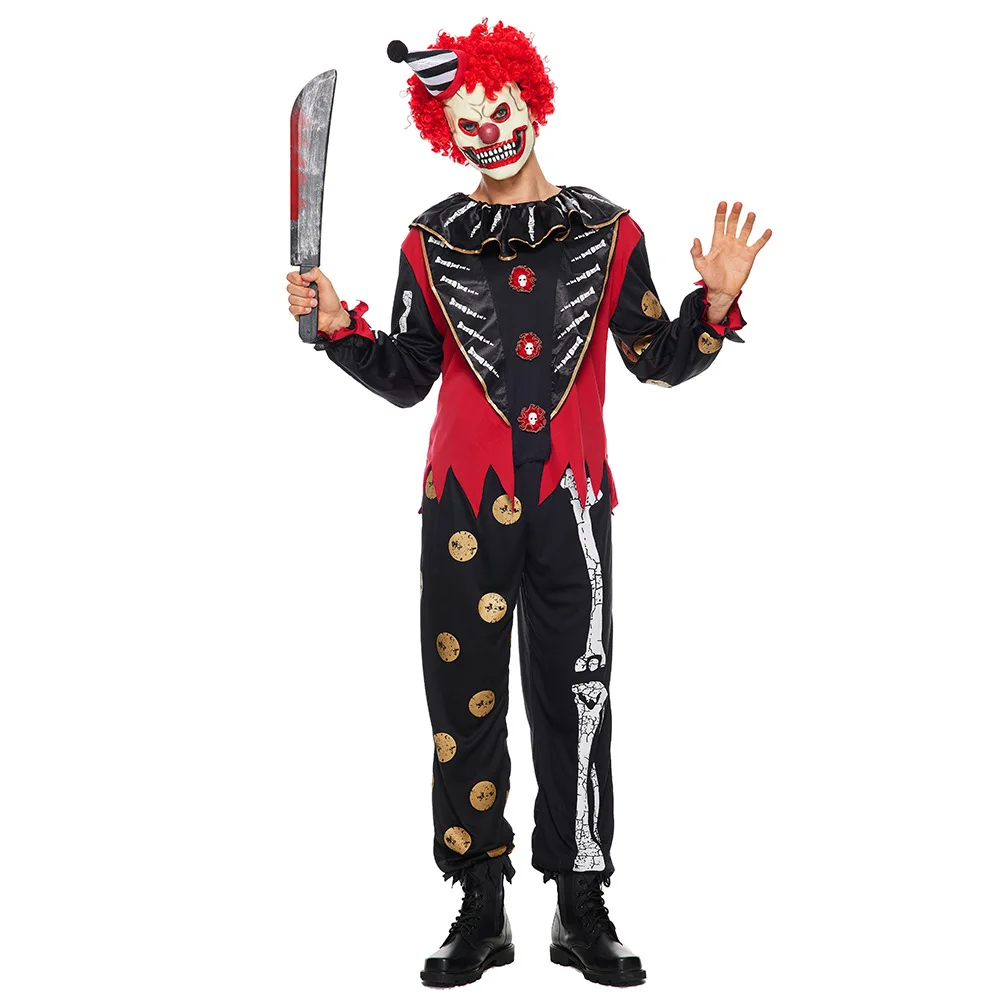 Man Scary Skeleton Circus Clown Cosplay Halloween Droll Joker Costume Carnival Purim Stage Show Nightclub Role Play Party Dress