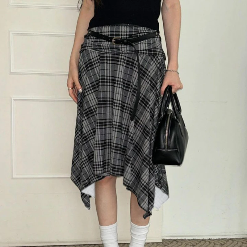 BIIKPIIK Vintage Plaid Skirts Irregular Hem Casual Skirts For Girls Sweet Harajuku A-line Skirts Preppy England Autumn Bottoms