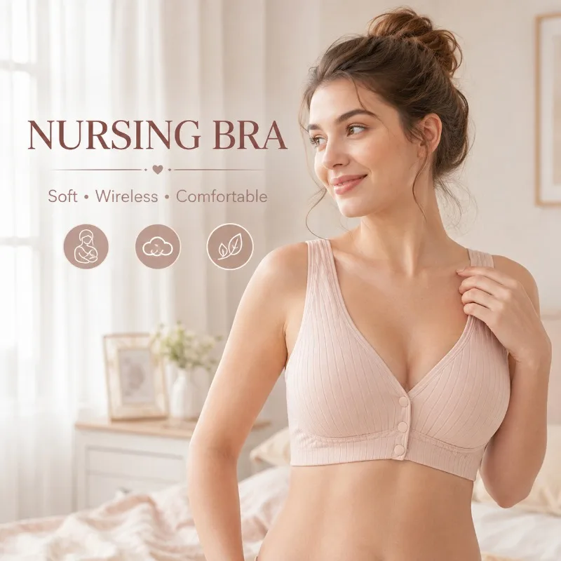 Women's Nursing Bra Maternity Breastfeeding Bra Wireless Cotton Blend Front Button Sleep Bra Removable Pads Plus Size M-4XL