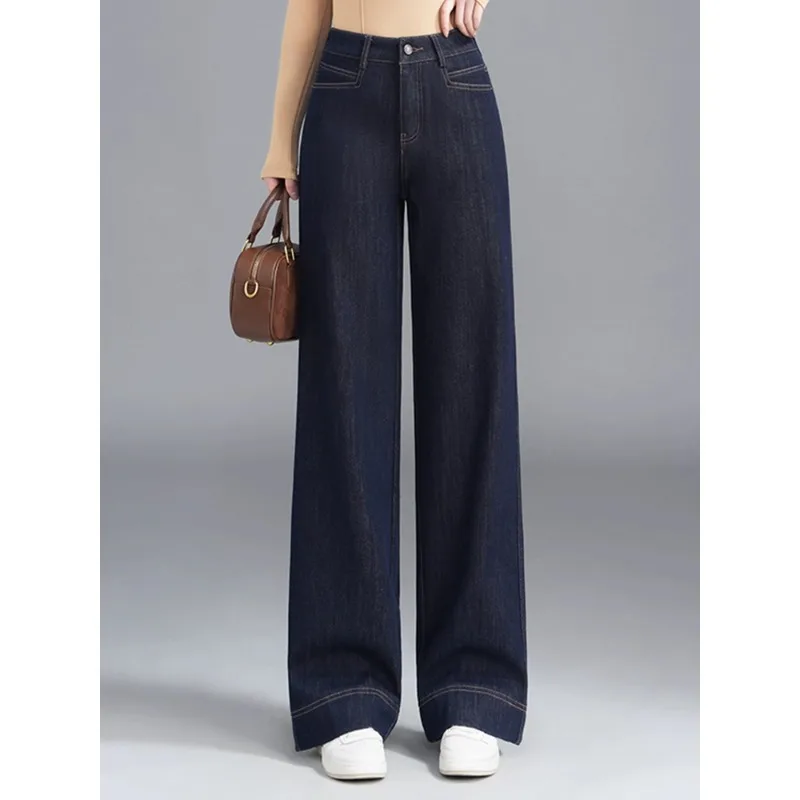 

Denim Blue Fleece-Lined Pants for Women, and Winter, Elegant Slim Fit Petite Straight-Leg Pants