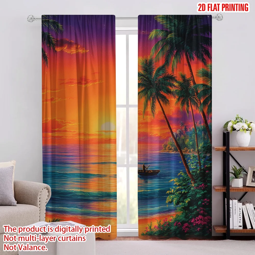 2pcs 2D flat printing Curtain Tropical Sunset Beach Ocean Kayak Digital Printed Polyester Drapes All Season Party & Holiday
