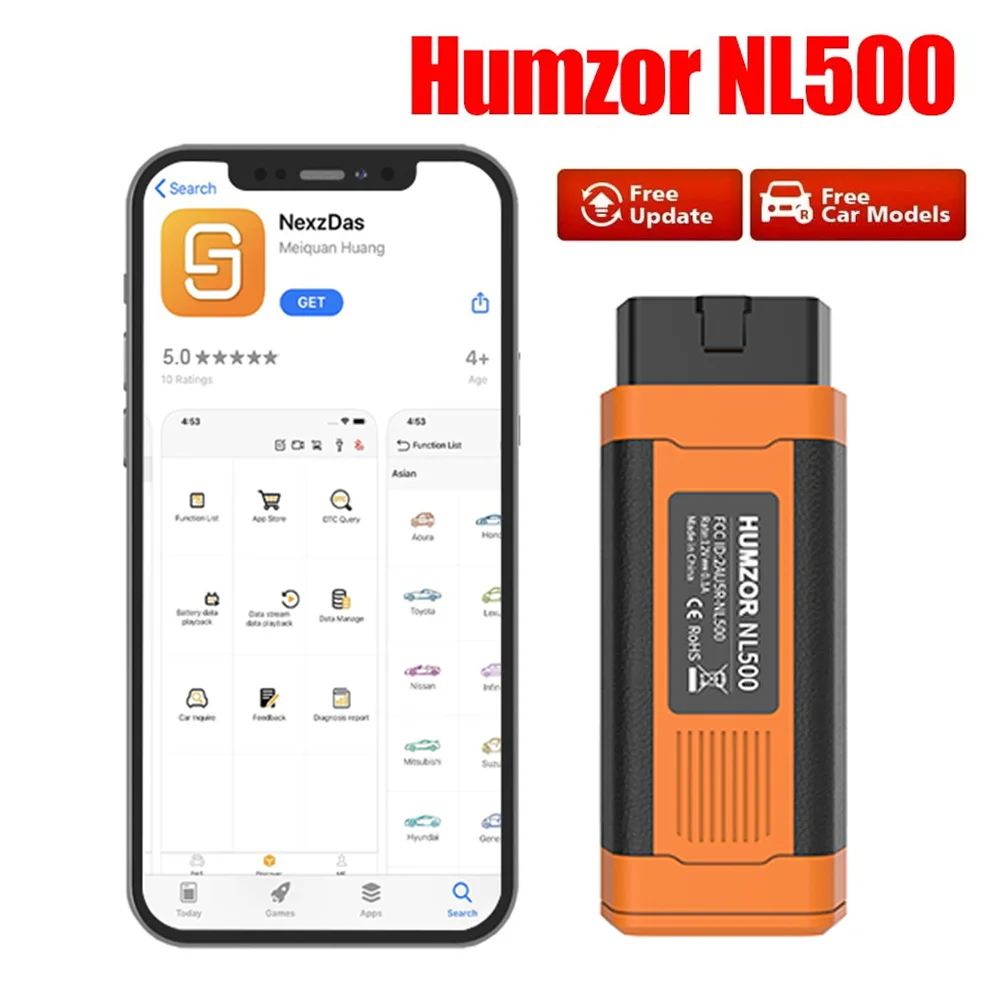 

Humzor NL500 Car OBD2 Diagnostic Scanner Tool App Immo Resetting Odometer Repair Manager Key Programming Update Code Reade