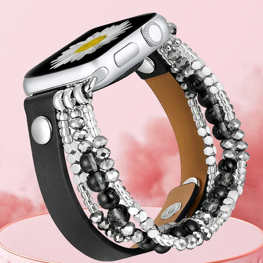 Lederen band voor Apple Watch Band Ultra 3/2 49 mm 40 38 41 42 44 mm Dames elastische kralenarmband Iwatch-serie 11 10 9 8 7 6 SE