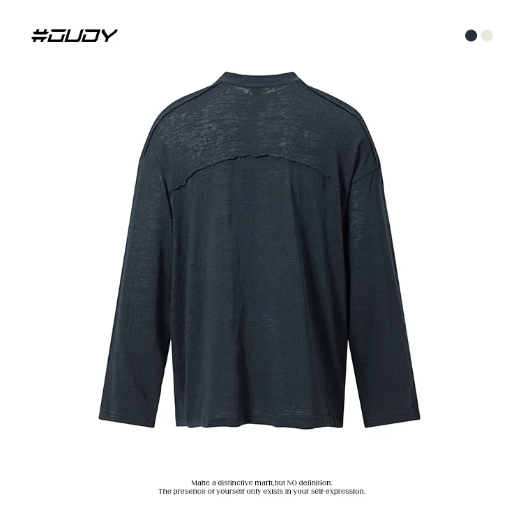 تي شيرت للخريف/الشتاء على الطراز الأمريكي للزوجين برقبة عالية وأكمام طويلة للرجال والنساء |   مقاس فضفاض، ربط اللون الصلب