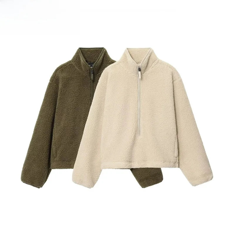 

ZBZR Autumn New Women's Loose Casual Teddy Fce Sports Top Ele Simple Sle Long Sve Zipper Closure Color Poly...