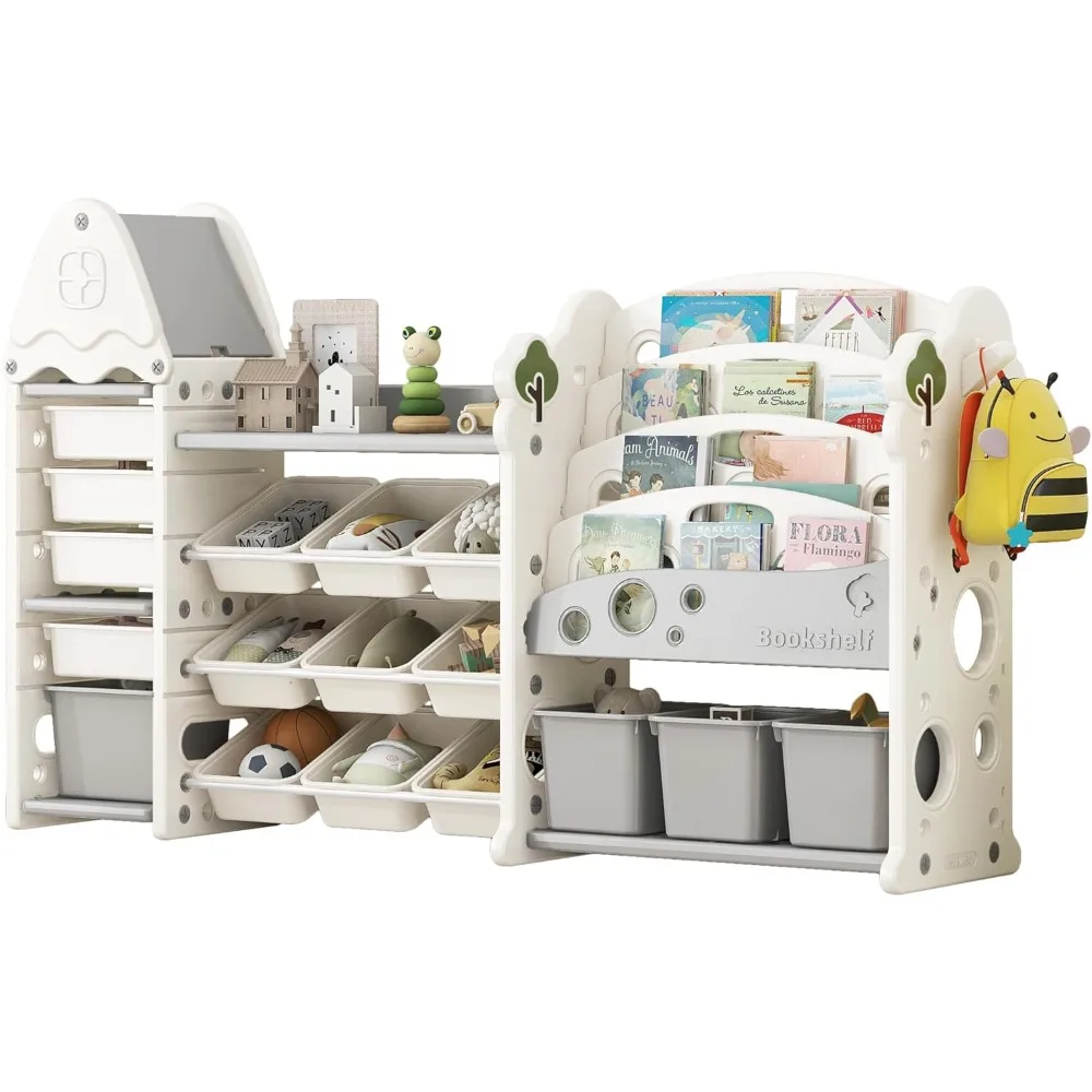 

Toy Storage Organizer with Kids Bookshelf, Toy Organizer with 17 Bins and 5-Tier Bookshelf for Kids Bedroom (All-in-One, White)