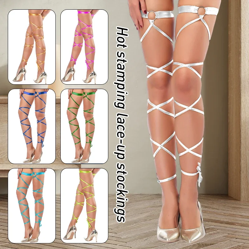 

1 Pair Metallic Shiny Leg Wraps Thigh Band for Women with O-Ring Cross Lace-up Garter Belt Thigh-high Rave Wraps Strappy Tights