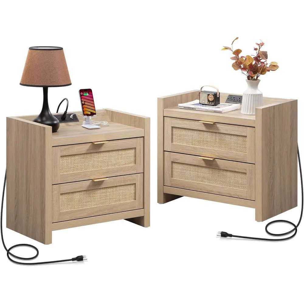 Light Oak 2-Piece Nightstand Set with USB-C Charging and Storage for Bedroom