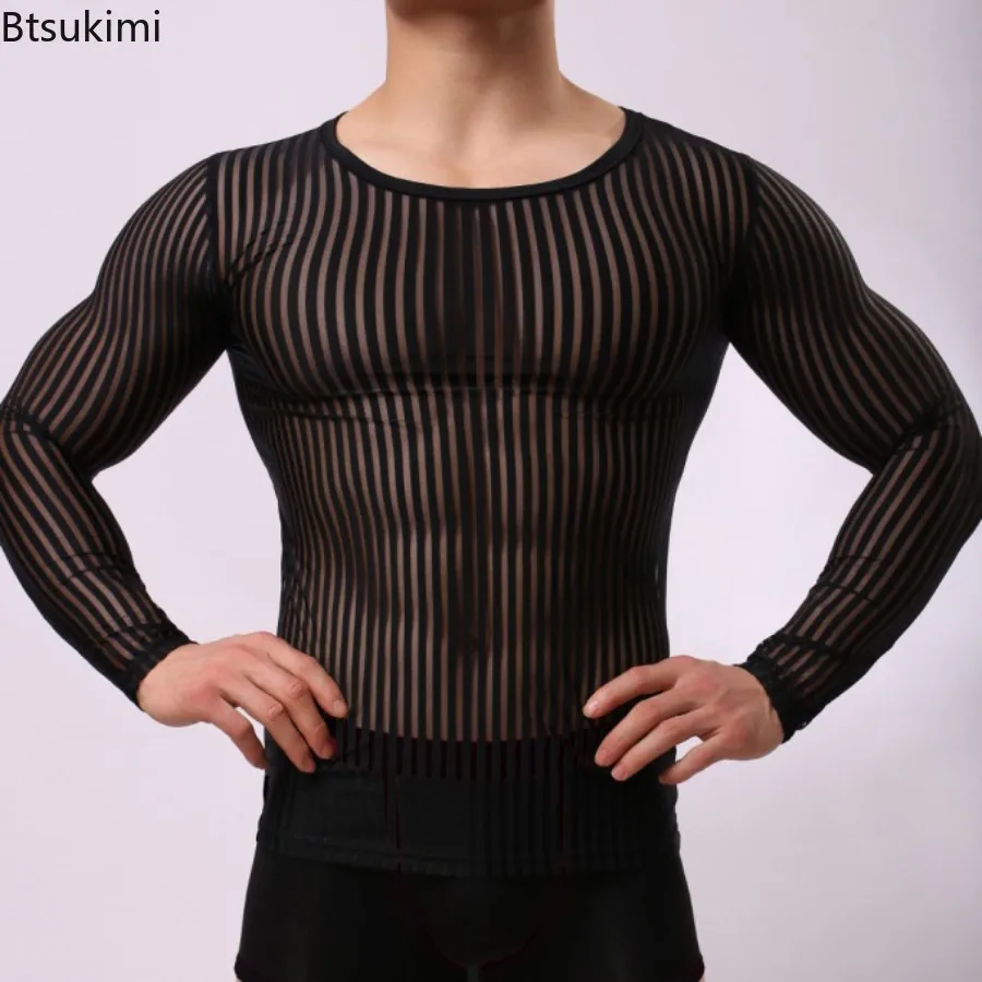 2026 Men's Ultrathin Ice Silk Breathable Mesh T-shirt Sexy See Through  Stripe Tight Tees Long Sleeve Sport Gym Clothes Tops Male - AliExpress  200000343