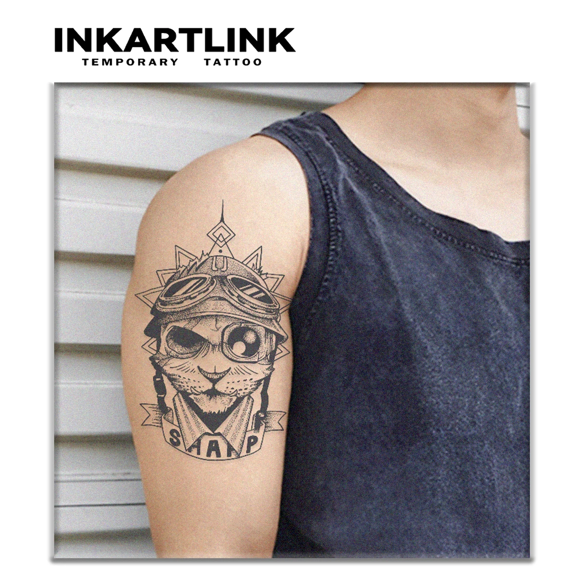 INKARTLINK Pilot Cat Tattoo Patch 1-2 Weeks Long lasting Retro Helmet Sunglasses Design Waterproof Temporary Tattoo
