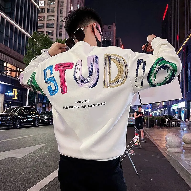 

Spring and Autumn Sweater Men's Fashion Brand Graffiti Print Design Sense Heavy T-Shirt Handsome Long Sleeve Casual Pullover
