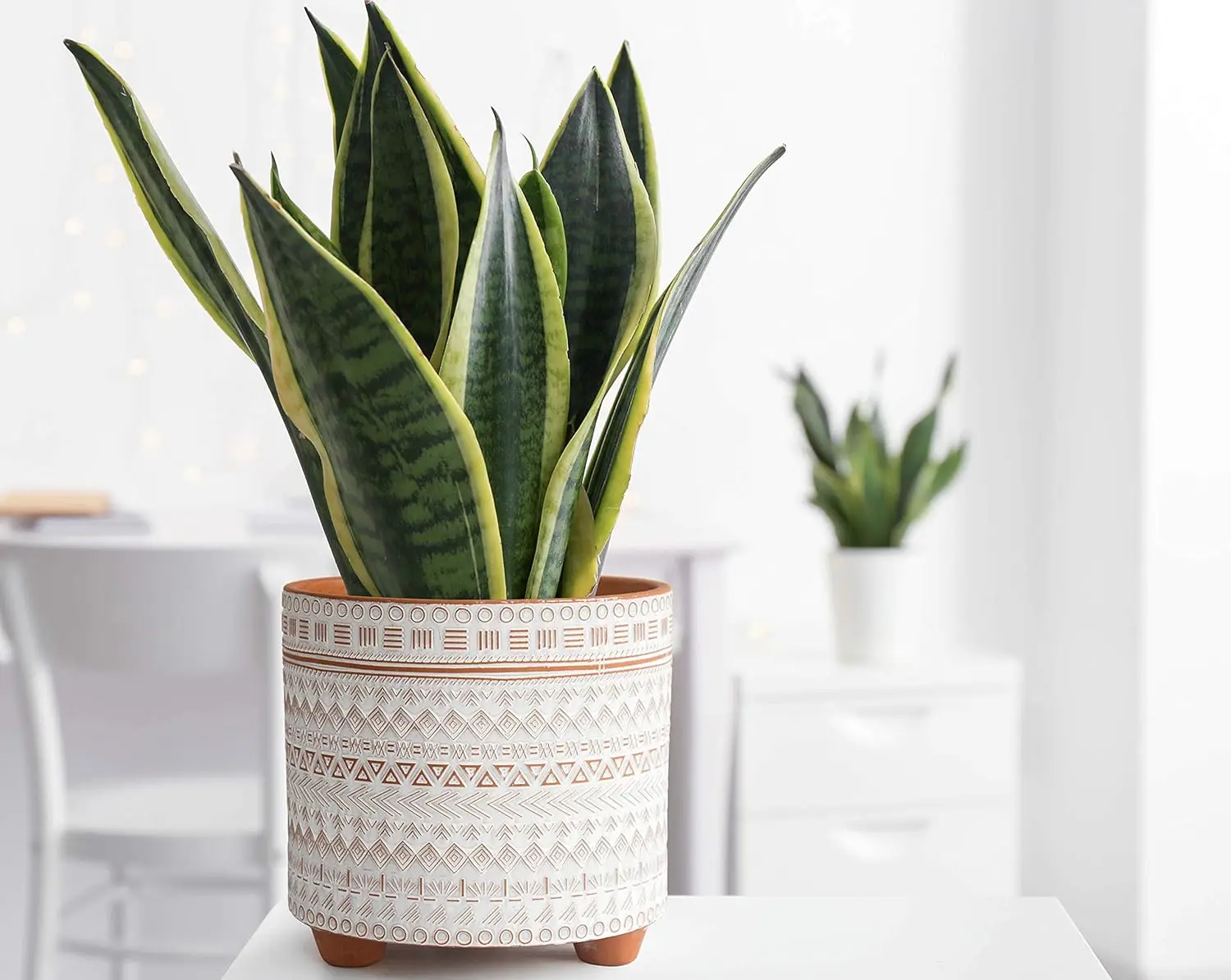 

Ceramic Planter with Drainage Hole, White, Geometric Design, Set of 2, 8 Inch