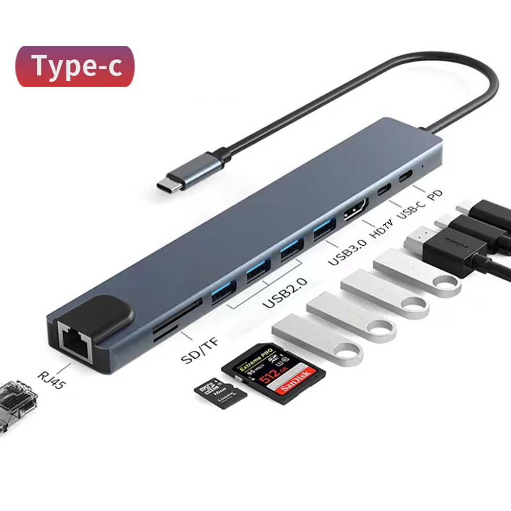 Docking Station USB C HUB to With HDMI HUB Converter RJ45 100Mbps PD Charge USB Splitter TF SD Card Reader Extend Type C Adapter
