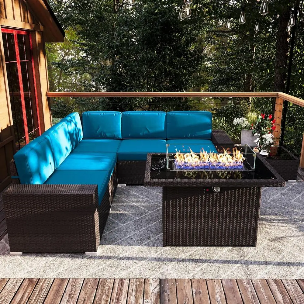 

7-Piece Outdoor Patio Furniture Set with 44 Gas Fire Pit and Wicker Sectional Sofa with Coffee Table