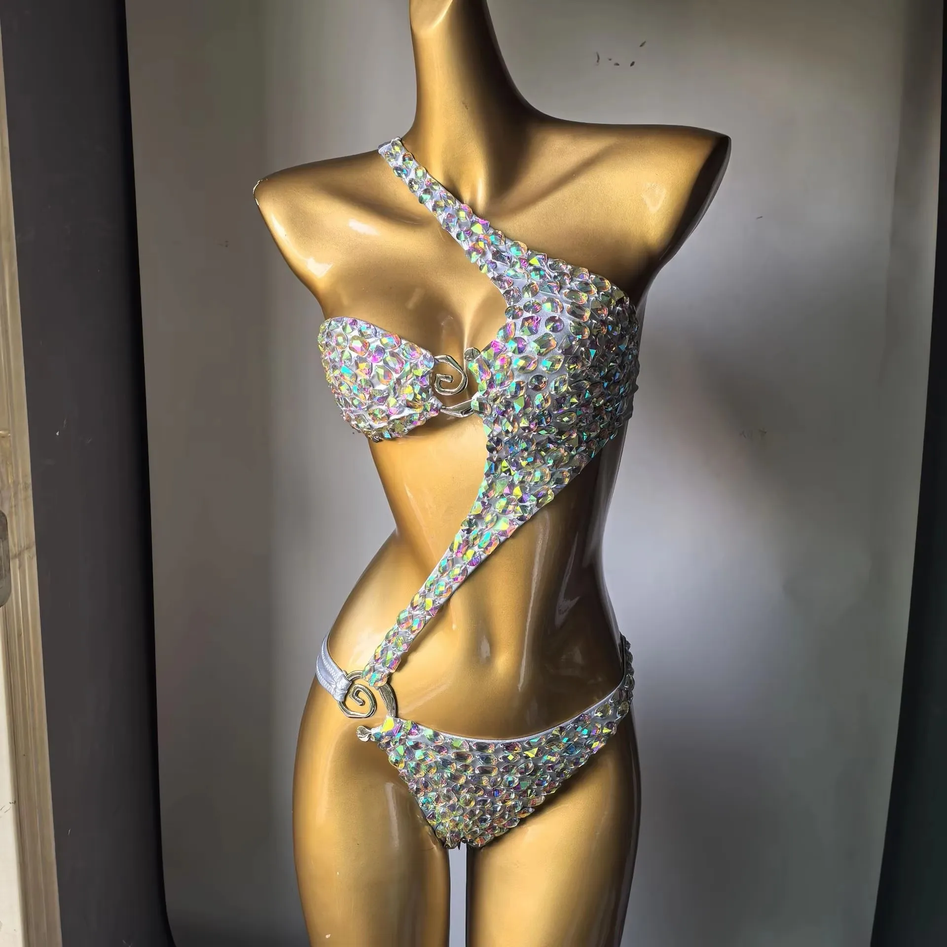 Damski strój kąpielowy bikini z kryształkami, czarno-różowy, jednoczęściowy, na plażę, do klubu nocnego, baru, dla DJ-a, do tańca na rurze, kostium sceniczny ﻿