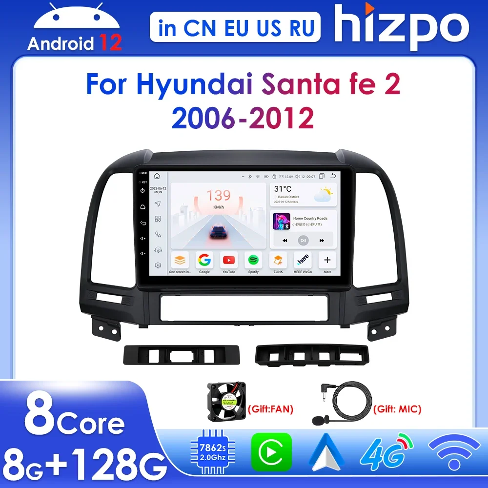 

Hizpo Android 12 Wireless Carplay for Hyundai Santa Fe 2 2006 - 2012 Car Radio Multimedia Player GPS Navi RDS Stereo 4G DSP 2din