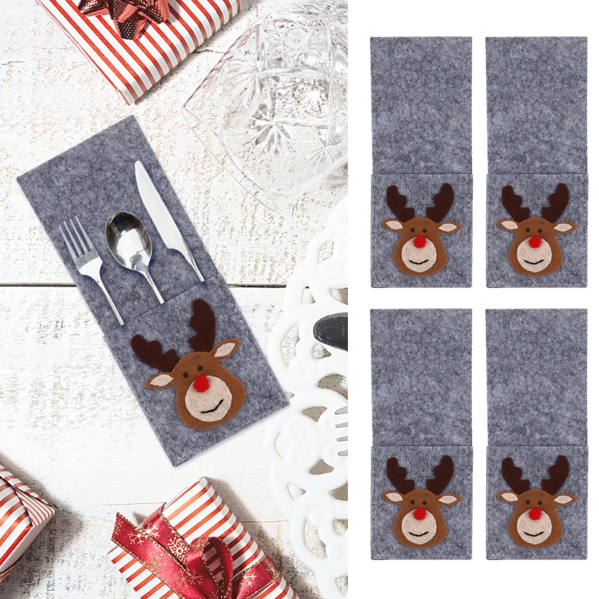

4pcs Christmas Tableware Cover Adorable Deer Pattern Dinnerware Holder Decor Storage Bag Holiday Festive