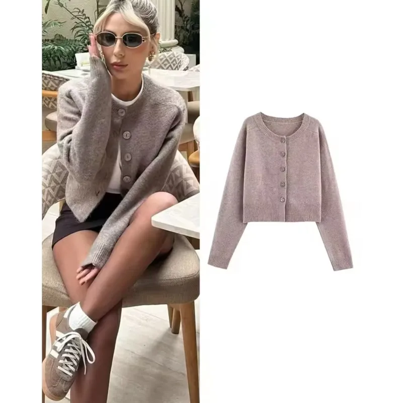 

Autumn Women Soft Cardigan with Button O Neck Long Sleeve Simple Women's Knit Ribbed Trims Sweater Female Chic Elastic Tops