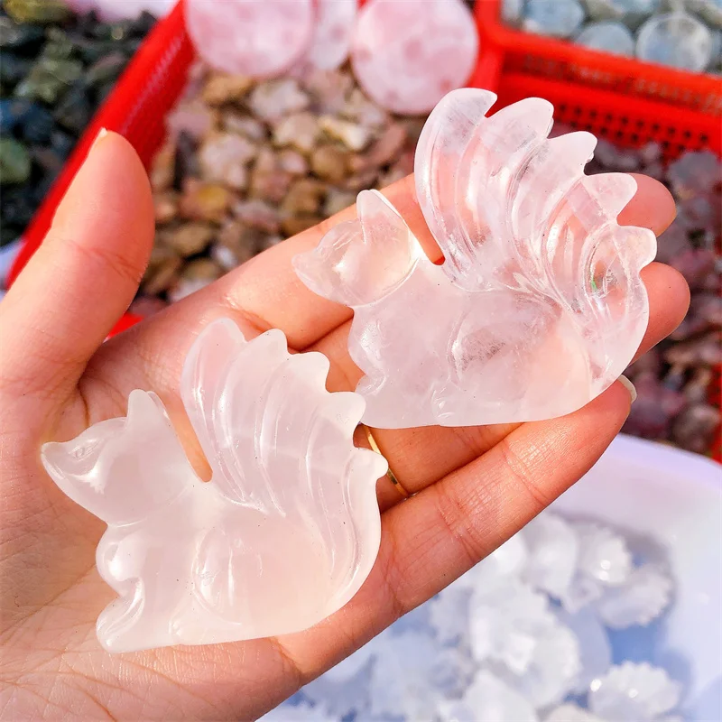 Natural Clear Quartz Nine-tailed Fox Carving Healing Stone Hand Carved Crystal Animal Figurine Home Decor