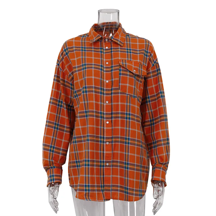 Autumn 2024 American Academy Style Orange Plaid Women\'s Loose Pocket Lapel Long Sleeve Shirt