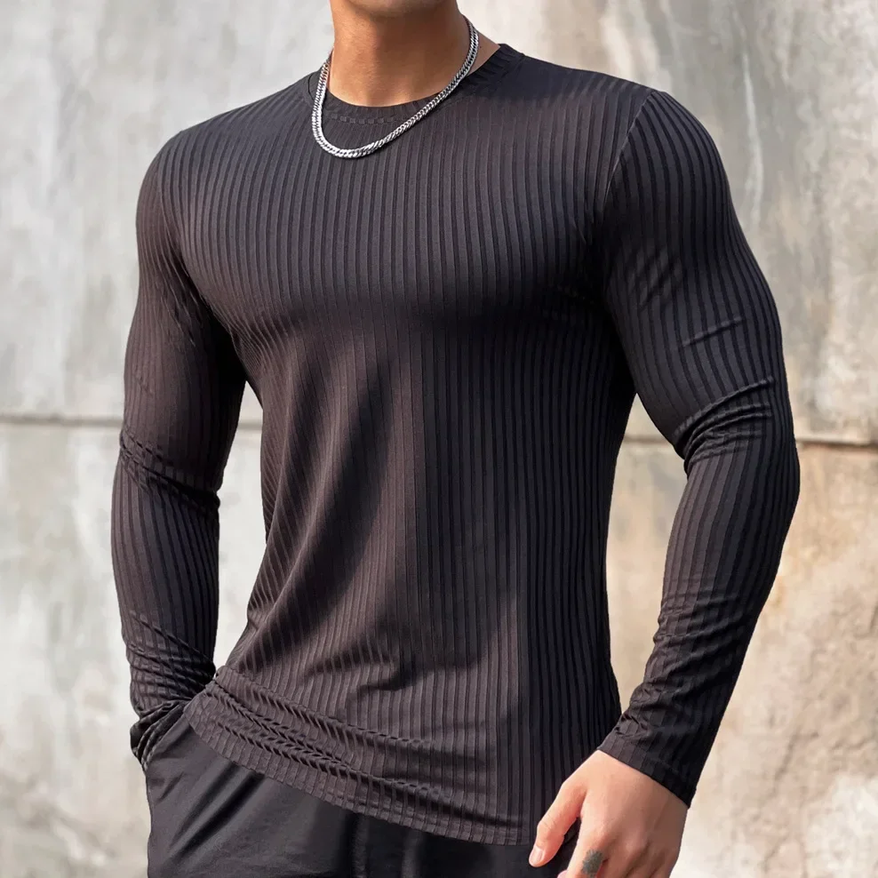 

Stripes Solid Color Fitness Breathable Long Sleeve Men's Basketball Ribbed Running Training Elastic Quick Drying Sports T-shirt